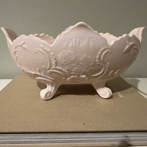 Jeannette Shell Pink Milk Glass Footed Floral Embossed Centerpiece Fruit Bowl